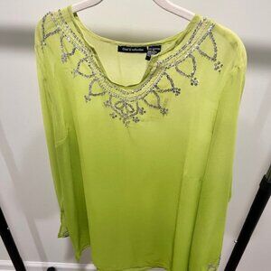 NWT-Woman’s-1X-Lime Sheer Top-very feminine-silver sequined neck & sleeves